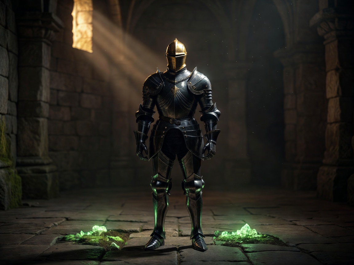 A suit of dark polished metal armor lit by dim green and gold light