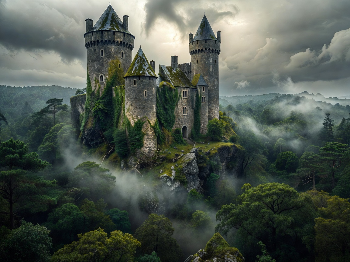Atmospheric medieval castle stone towers overlooking a mist-laden forest