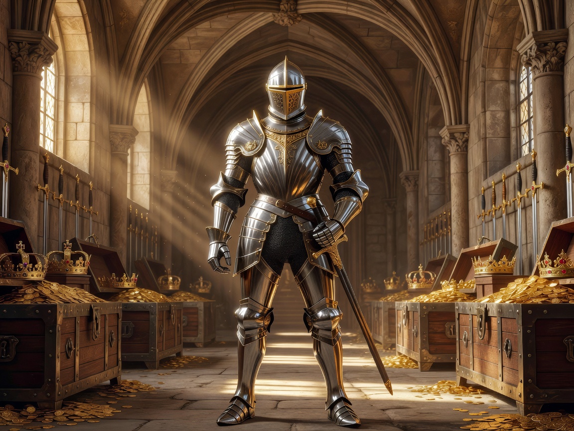 Exquisite medieval armor glistening under the royal golden vault
