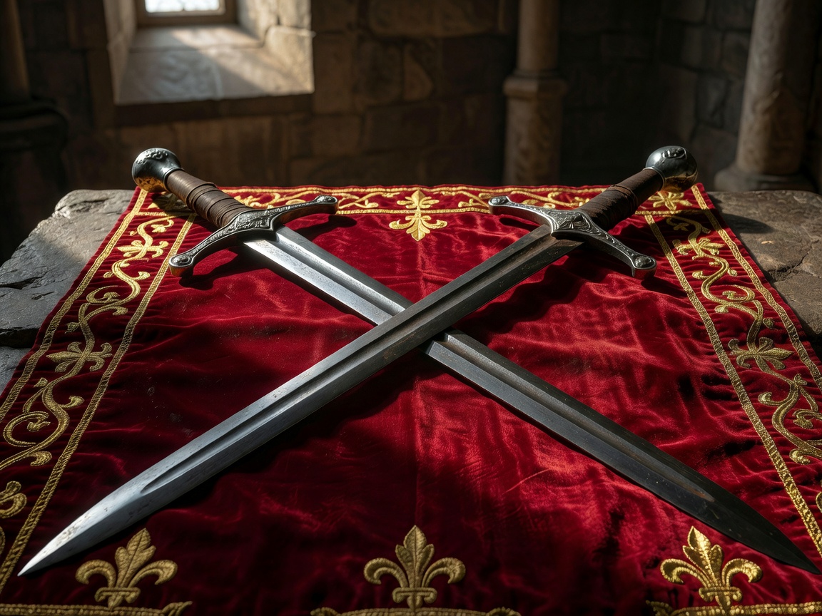 Two historic double-edged steel longswords crossed together on a royal banner