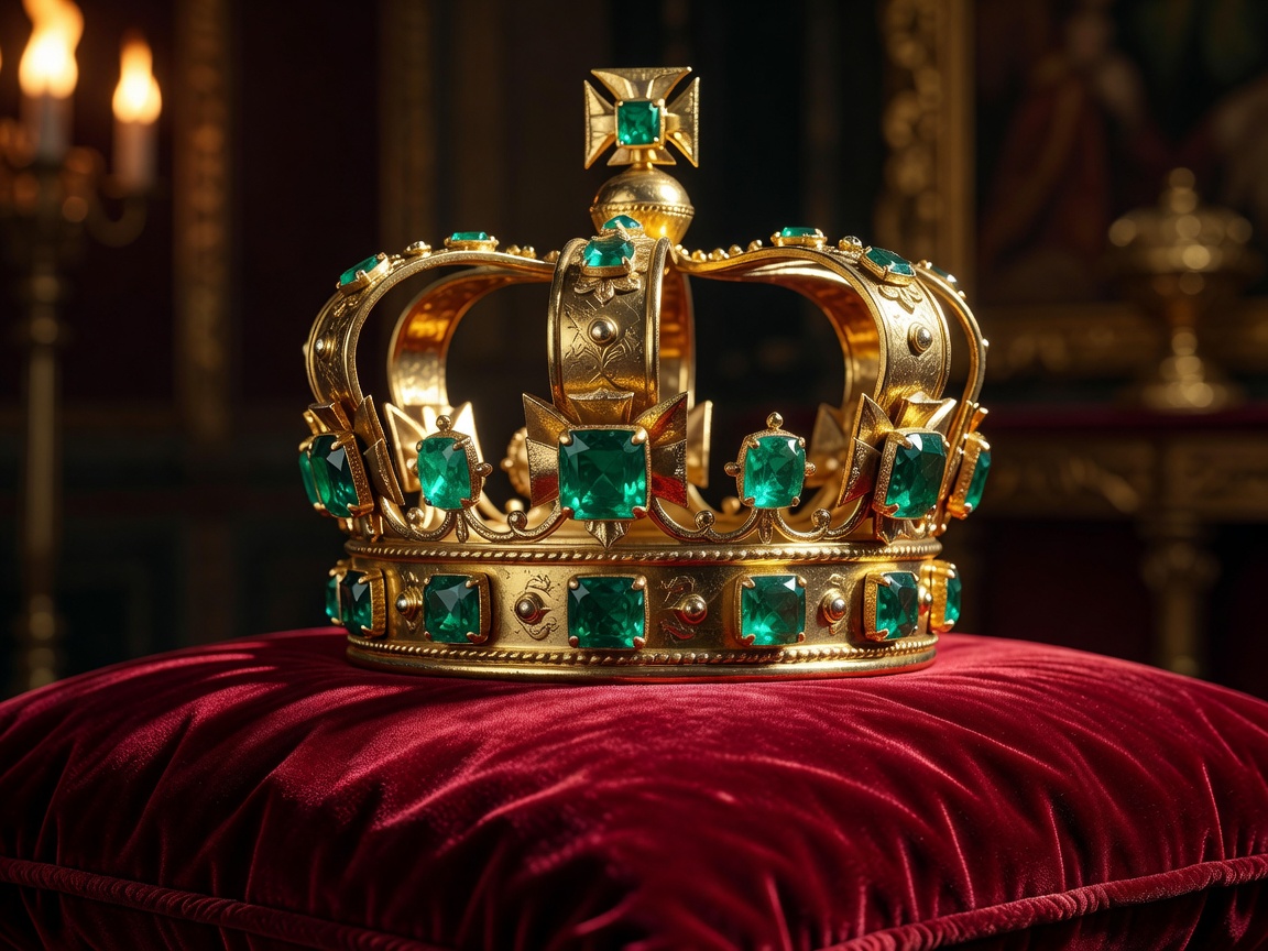 A glistening ancient golden crown with emerald gems placed on red velvet cushion